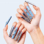 Chrome Frost – Slate Blue & Silver Long Square Press-Ons with Crystal Accents - Image 2