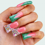 Festive Glitz – Pink & Green Glitter Long Duck Press-Ons with Crystal Clusters - Image 2