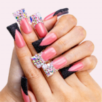 Crimson Noir – Pink & Black Glitter Long Duck Press-Ons with Crystal Accents - Image 2