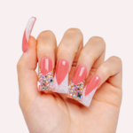 Peach Glitz – Coral & Silver Glitter Long Duck Press-Ons with Crystal Clusters - Image 2