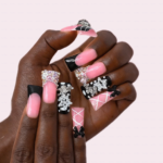 Sugar Bite – Sweet Pink Long Duck Press-Ons  with Pearl Bow & Rhinestone Charm - Image 2