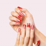 Crimson Bow-Nude & Red Short Duck Press-Ons with 3D Bow & Lace Accents - Image 2