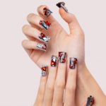 Ruby Chrome-Metallic Silver Short Duck Press-Ons with Red Crystal & Heart Charms - Image 2