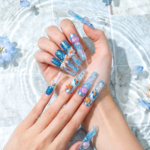 Ocean Whisper-Ocean Blue Long Coffin Press-Ons with Jellyfish & Starfish Charms - Image 3