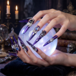 Noir Amethyst-Satin Purple Stiletto Press-Ons with Dark Crystal & Chain Charms - Image 3