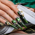 Emerald Thorne-Forest Green Stiletto Press-Ons with Crystal & Pearl Charms - Image 3