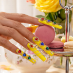 Sunset Heart-Neon Yellow Long Square Press-Ons with Rainbow Crystal Hearts - Image 3