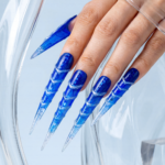 Ice Vortex-Cobalt Blue Stiletto Press-Ons with Silver Swirls - Image 3