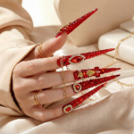 Ruby Royale -Crimson Red Long Stiletto Press-Ons with Rhinestone Halo, Heart Gem & Gold Bow Charms - Image 3