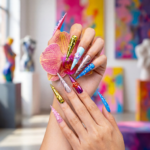 Rainbow Pop-Multi-Color Stiletto Press-Ons with 3D Floral & Rhinestone Accents - Image 3