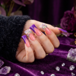 Blossom Gradient – Pink & Purple Long Duck Press-Ons with Crystal & Floral Accents - Image 3