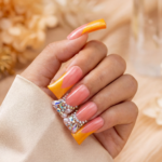 Sunset Blossom – Pink & Gold Long Duck Press-Ons with Crystal & Floral Accents - Image 3