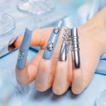 Chrome Frost – Slate Blue & Silver Long Square Press-Ons with Crystal Accents - Image 3