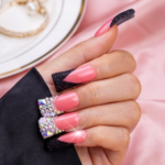 Crimson Noir – Pink & Black Glitter Long Duck Press-Ons with Crystal Accents - Image 3