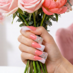 Peach Glitz – Coral & Silver Glitter Long Duck Press-Ons with Crystal Clusters - Image 3