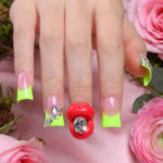 Neon Kiss – Blush Pink & Neon Green Short Duck Press-Ons with 3D Lip & Rhinestone Charms - Image 3