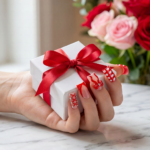 Crimson Bow-Nude & Red Short Duck Press-Ons with 3D Bow & Lace Accents - Image 3