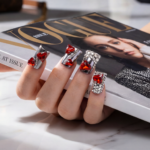 Ruby Chrome-Metallic Silver Short Duck Press-Ons with Red Crystal & Heart Charms - Image 3