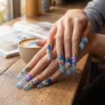 Ocean Whisper-Ocean Blue Long Coffin Press-Ons with Jellyfish & Starfish Charms - Image 4