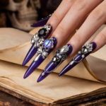Noir Amethyst-Satin Purple Stiletto Press-Ons with Dark Crystal & Chain Charms - Image 4