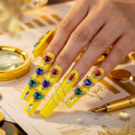 Sunset Heart-Neon Yellow Long Square Press-Ons with Rainbow Crystal Hearts - Image 4