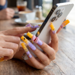 Sunset Swirl-Lavender & Mango Long Square Press-Ons with 3D Lip & Chain Charms - Image 4