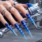Ice Vortex-Cobalt Blue Stiletto Press-Ons with Silver Swirls - Image 4