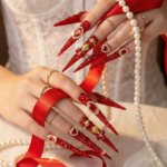 Ruby Royale -Crimson Red Long Stiletto Press-Ons with Rhinestone Halo, Heart Gem & Gold Bow Charms - Image 4