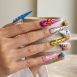 Rainbow Pop-Multi-Color Stiletto Press-Ons with 3D Floral & Rhinestone Accents - Image 4