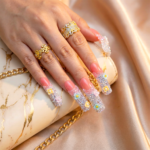 Blossom Glitz -Soft Coral Short Curved Press-Ons with Micro Floral & Iridescent Glitter - Image 4