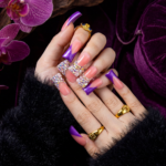 Blossom Gradient – Pink & Purple Long Duck Press-Ons with Crystal & Floral Accents - Image 4