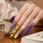 Royal Opulence – Purple & Gold Long Square Press-Ons with 3D Baroque Charms - Image 4