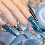 Ocean Chrome – Teal & Silver Stiletto Press-Ons with Crystal Accents - Image 4