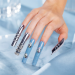 Chrome Frost – Slate Blue & Silver Long Square Press-Ons with Crystal Accents - Image 4