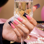 Crimson Noir – Pink & Black Glitter Long Duck Press-Ons with Crystal Accents - Image 4