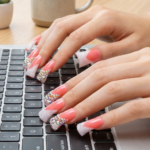 Peach Glitz – Coral & Silver Glitter Long Duck Press-Ons with Crystal Clusters - Image 4