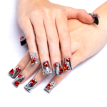 Ruby Chrome-Metallic Silver Short Duck Press-Ons with Red Crystal & Heart Charms - Image 5