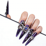 Noir Amethyst-Satin Purple Stiletto Press-Ons with Dark Crystal & Chain Charms - Image 5
