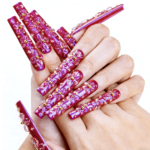 Bloom Aurora-Iridescent Purple Long Square Press-Ons with 3D Floral Charms - Image 5