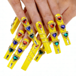 Sunset Heart-Neon Yellow Long Square Press-Ons with Rainbow Crystal Hearts - Image 5