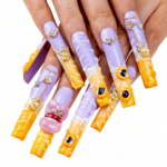 Sunset Swirl-Lavender & Mango Long Square Press-Ons with 3D Lip & Chain Charms - Image 5