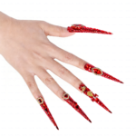 Ruby Royale -Crimson Red Long Stiletto Press-Ons with Rhinestone Halo, Heart Gem & Gold Bow Charms - Image 5