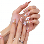 Peach Whisper -Soft Peach Short Almond Press-Ons with 3D Flower, Gold Bow & French Tip Detail - Image 5