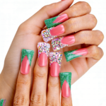 Festive Glitz – Pink & Green Glitter Long Duck Press-Ons with Crystal Clusters - Image 5