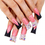 Crimson Noir – Pink & Black Glitter Long Duck Press-Ons with Crystal Accents - Image 5