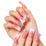 Peach Glitz – Coral & Silver Glitter Long Duck Press-Ons with Crystal Clusters - Image 5