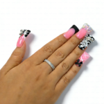 Sugar Bite – Sweet Pink Long Duck Press-Ons  with Pearl Bow & Rhinestone Charm - Image 5
