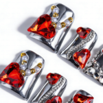 Ruby Chrome-Metallic Silver Short Duck Press-Ons with Red Crystal & Heart Charms - Image 6