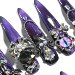 Noir Amethyst-Satin Purple Stiletto Press-Ons with Dark Crystal & Chain Charms - Image 6