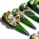 Emerald Thorne-Forest Green Stiletto Press-Ons with Crystal & Pearl Charms - Image 6